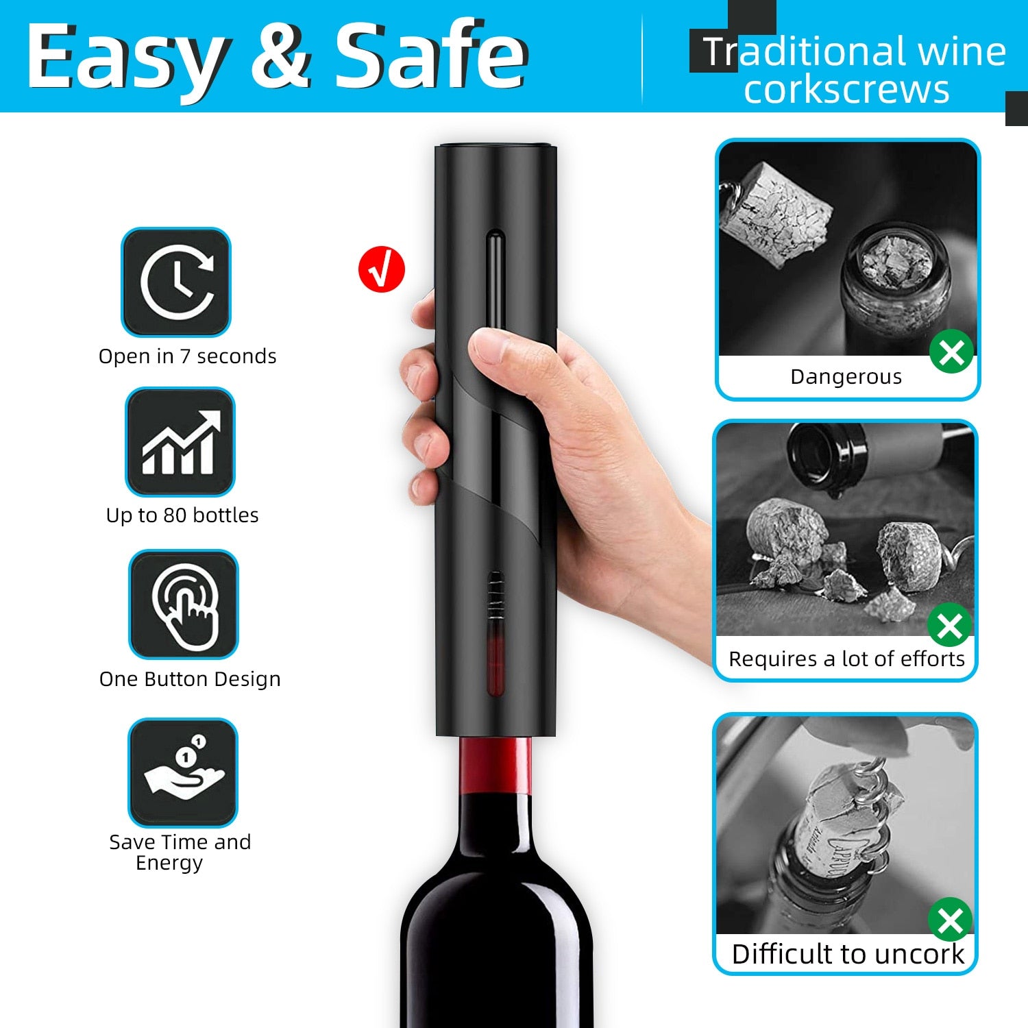 Electric Automatic Wine Bottle Opener with Foil Cutter Corkscrew Corkscrew  Black